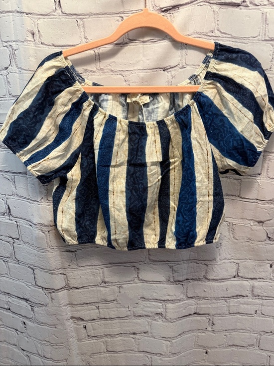 Bellambra Tops - Striped Navy and Cream Off-Shoulder Crop Top